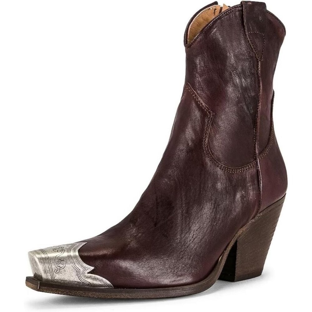 Women's Brown Western Cowgirl Ankle Boots Stacked Block Heel Steel Toe Heeled - Picture 4 of 7